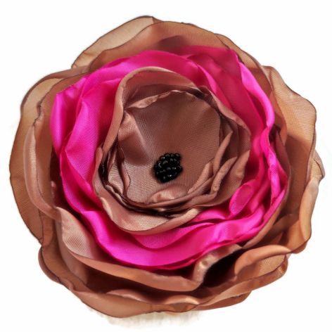 Broszka duża kwiatek 12cm brązowo różowa