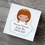 Skrzynka na pamiątkę I Komunii - Aniołek Dz. - Skrzynka na pamiątkę pierwszej komunii świętej, personalizowane pudełko komunijne od dziadków chrzestnych rodziców, prezent komunijny, komunia aniołek dziewczynka