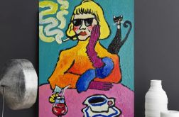 obraz olejny kawa, drink i alibi dama