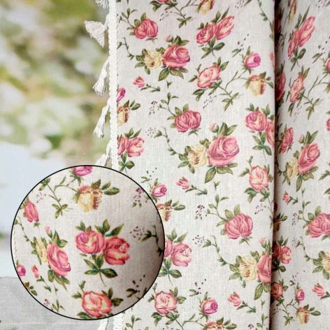 Zasłony gotowe lniane boho z frędzlami róże angielskie RETRO 150/240cm