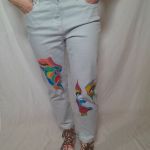 Spodnie jeans ręcznie malowane rozm 40 - kolorowe twarze