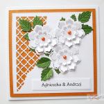 Kartka ROCZNICA ŚLUBU pomarańczowo-biała - Kartka na rocznicę ślubu z białymi kwiatami
