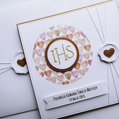 Kartka komunijna ręcznie robiona z serduszkami