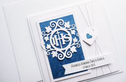 Elegancka kartka na Komunię biało-granatowa