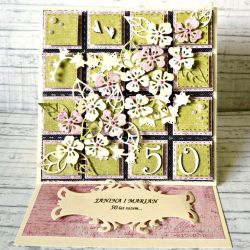 Kartka jubileuszowa patchworkowa z ozdobnym pudełkiem