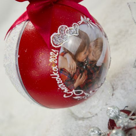 bombka czerwona elegancja, bombka ze zdjęciem