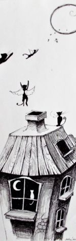 Rysunek piórkiem "Kocie marzenia"