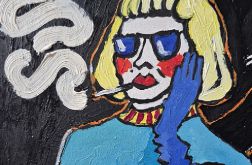 obraz olejny babcia przy zielonym stole