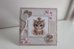 Kartka na urodziny roczek beżowa kotek