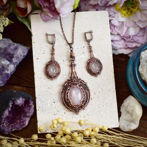 Wiktoriański miedziany zestaw - kolczyki i wisiorek z różowym kwarcem #S5