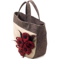 Anardeko 2014-014 Brązowo beżowa torebka z miękkiego filcu z czerwonymi kwiatami