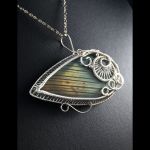 Srebrny wisior z labradorytem pomarańcz - Sterling Silver pendant with interesting Labradorite cabochon, gift for her, gift for mom, wire wrapped artisan jewellery for woman, eye