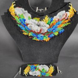 Komplet z frędzliami "Bawełna i Borówki" naszyjnik-czoker i bransoletka