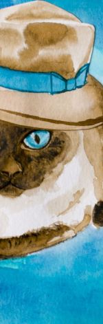 Malowany akwarelami Kot syjamski w kapeluszu