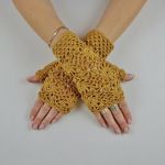 Mitenki  szydełkowe w kolorze złotej jesieni - Rękawiczki ażurowe