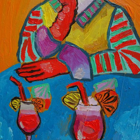 obraz olejny portret babci z drinkiem