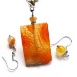 Pomarańczowy agat pajęczy, wisiorek i kolczyki, zestaw biżuterii - 