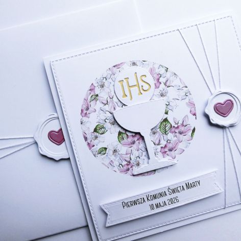 Kartka na Komunię ręcznie robiona w różu 