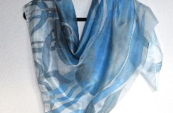 Niebieska Roślinna, Niebiesko-szara malowana chusta z dekoracją roślinną, chusta z naturalnego jedwabiu