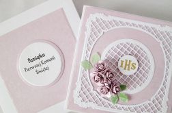 Kartka PAMIĄTKA I KOMUNII z różyczkami