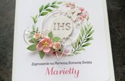 Zaproszenie na komunię dla dziewczynki z kwiatkami różowo zielono białe ZKS 019