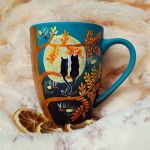 Romantyczna kocia noc ze świetlikami pełnia księżyca malowany ręcznie - ręcznie malowane