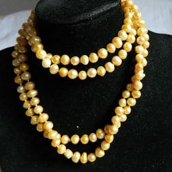 Żółte, naturalne perły słodkowodne, długi sznur pereł, naszyjnik