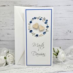 kartka ślubna biało niebieska z sercami SLB 024