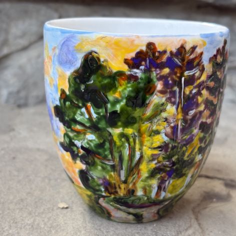 Porcelanowy kubek ręcznie malowany Las wieczorem 