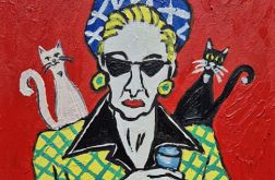 obraz olejny portret kobiety ona i dwa koty