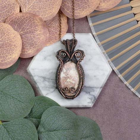 Miedziany wisiorek wire wrapping z agatem crazy lace #542