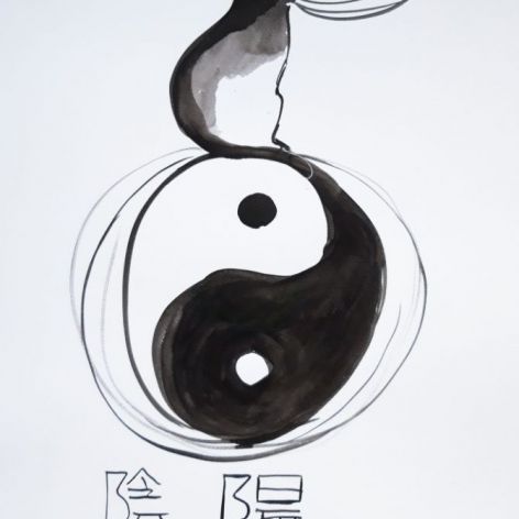 "BALANS Z KOTEM" akwarela, kaligrafia chińska