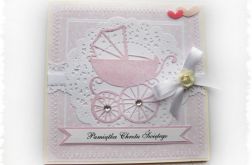Kartka na Chrzest z wózkiem dla dziewczynki