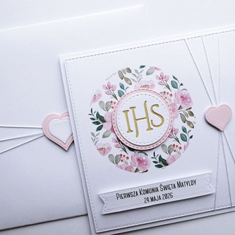 Kartka na Komunię pamiątka jasny róż handmade