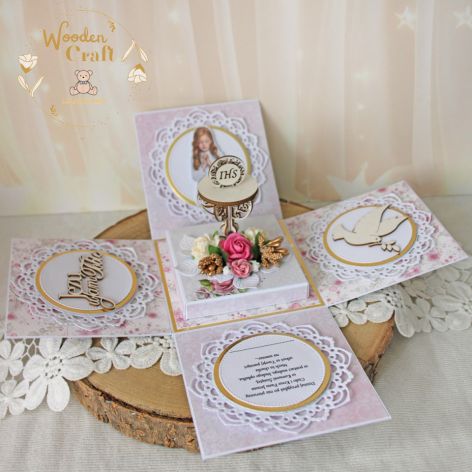 Exploding box komunijny kartka "Pink Roses 2"
