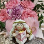 Podziękowanie Anioł Ręcznie Wykonany Ferrero Roche Różowe Skrzydła  - Przód aniołka i książeczka