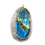 Duży, Srebrny wisior z kaboszonem labradorytu - labradoryt niebieski duży amulet