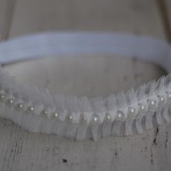 Perełki & tiul w bieli - diadem/opaska niemowlęca