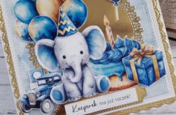 Kartka na roczek dla chłopca ze słonikiem, personalizacja