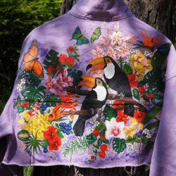 Ręcznie malowana kurtka tropikalny wzór TUKAN