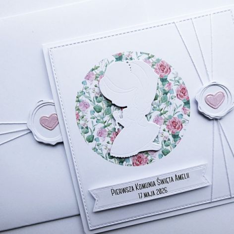Kartka komunijna dla dziewczynki z różyczkami