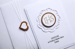 Zaproszenie na Komunię biało-brązowe handmade