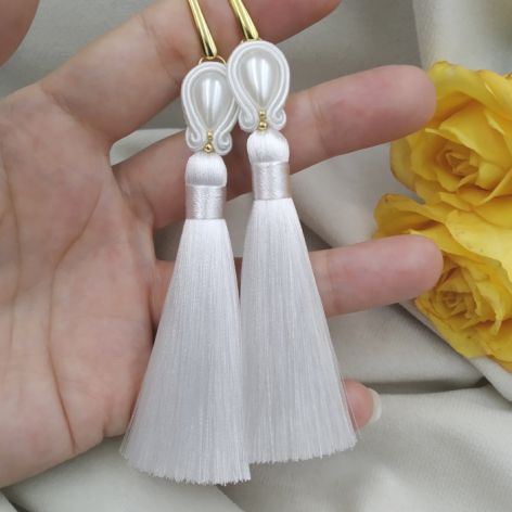 Ślubne kolczyki perłowe boho chwosty frędzle