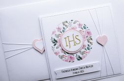 Kartka na Komunię pamiątka jasny róż handmade
