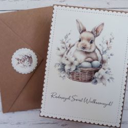 Zestaw 4 kartek wielkanocnych z życzeniami „Króliczki w koszyczkach”