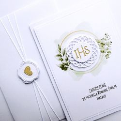 Zaproszenie komunijne handmade zielone Hostia