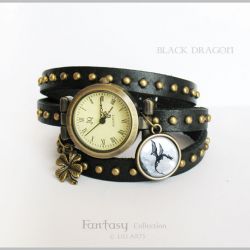 Bransoletka, zegarek - Czarny smok - czarny, nity, skórzany