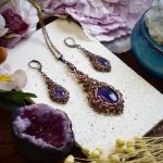 Wiktoriański miedziany zestaw - kolczyki i wisiorek z ametystem #S2 - 