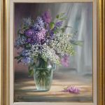 Kwiaty- Bzy w wazonie, ręcznie malowany, olej - do salonu
