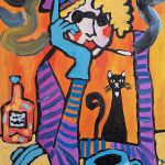 obraz olejny czarny kot zna odpowiedzi - 